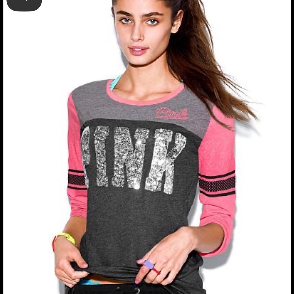 PINK Y2K Victoria's Secret Gray and Pink bling baseball Sleeve Tee‎ S
